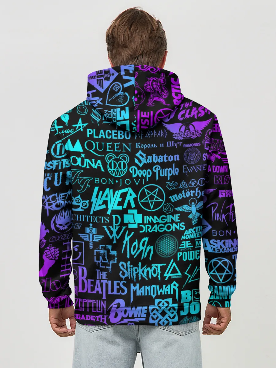 Худи мужской база хлопок / ЛОГОТИПЫ РОК ГРУПП НЕОН