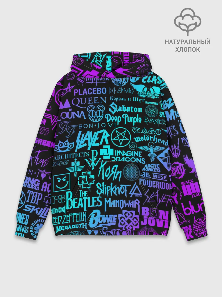 Худи мужской база хлопок / ЛОГОТИПЫ РОК ГРУПП НЕОН