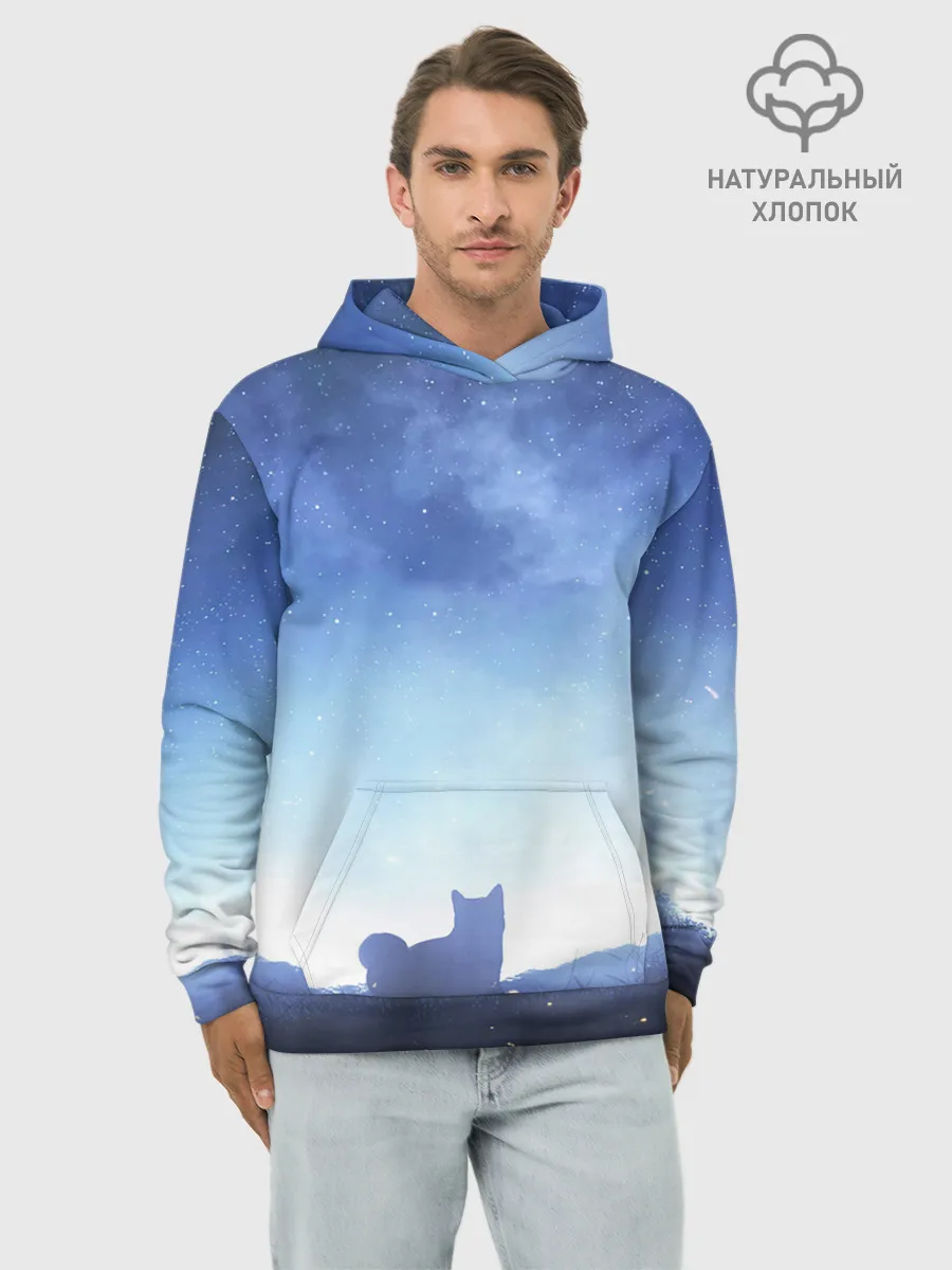 Худи мужской база хлопок / силуэт корги ночь космос дымка