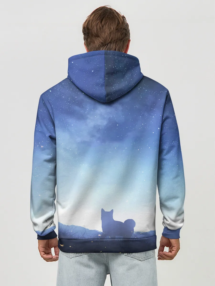 Худи мужской база хлопок / силуэт корги ночь космос дымка