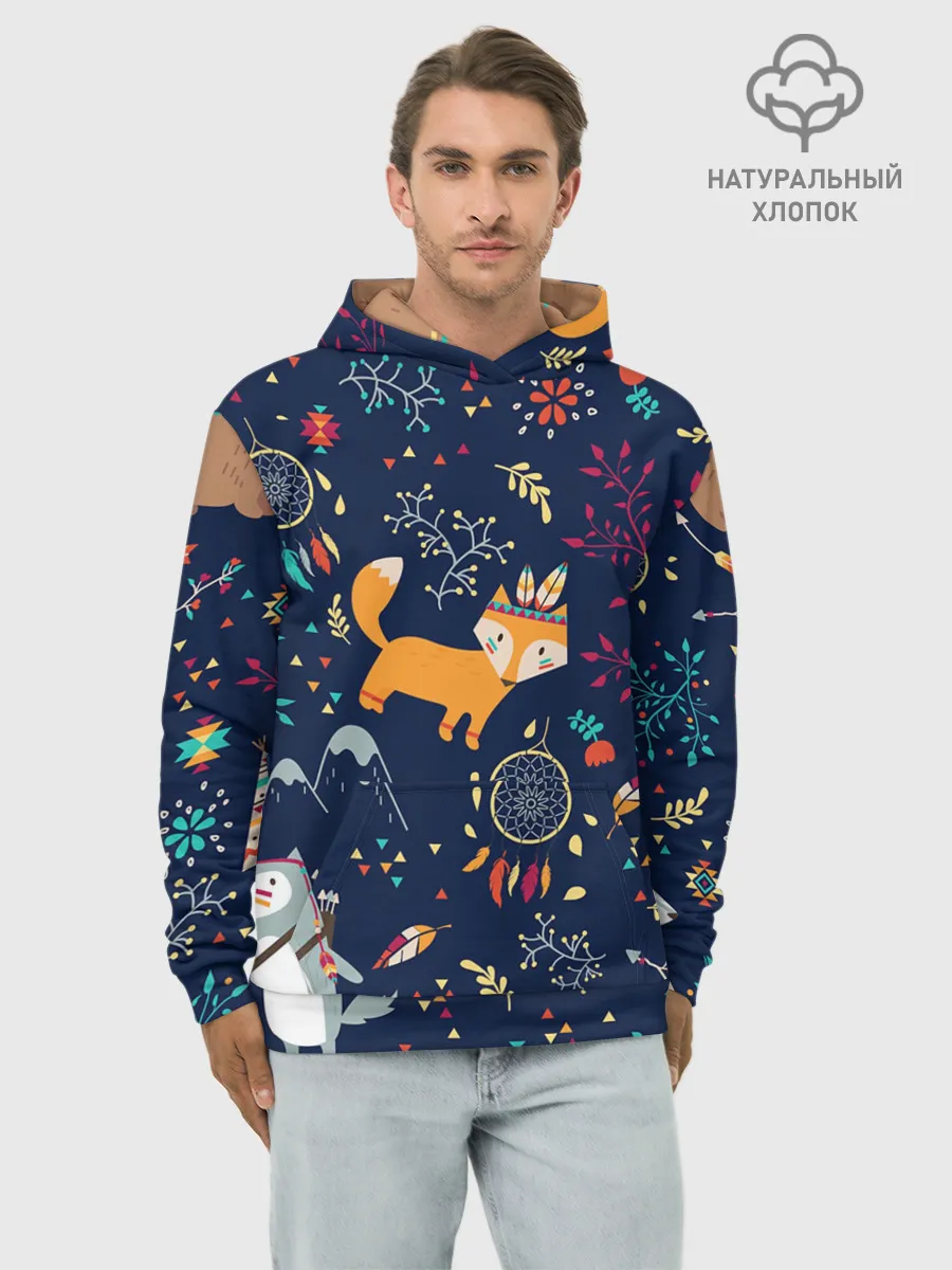 Худи мужской база хлопок / Звери природа индейцы этно
