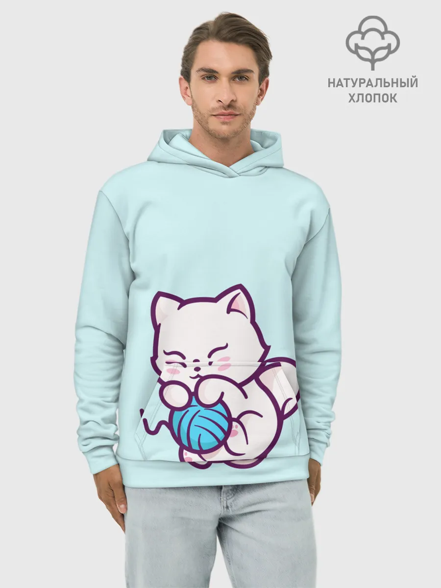 Худи мужской база хлопок / Белый котенок с клубком милый