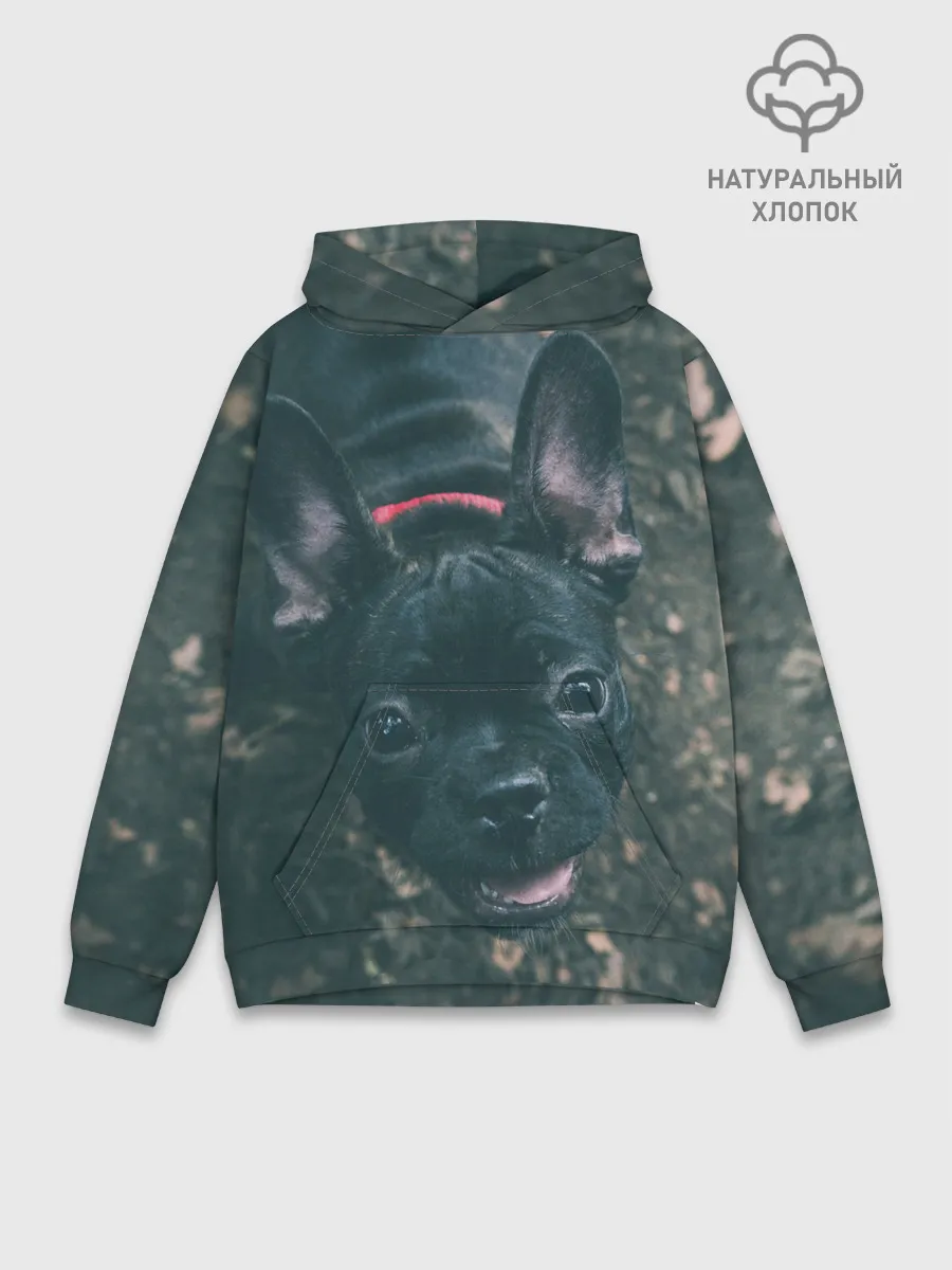 Худи мужской база хлопок / Бульдог морда собакена черного