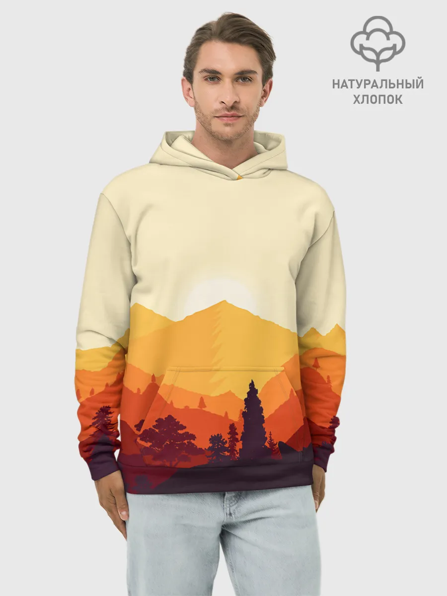 Худи мужской база хлопок / Горы закат пейзаж лиса арт