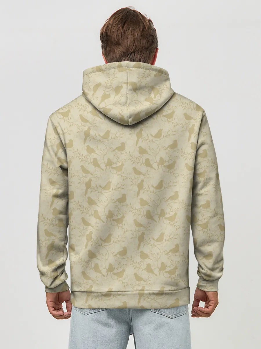 Худи мужской база хлопок / Бежевый принт силуэты птичек