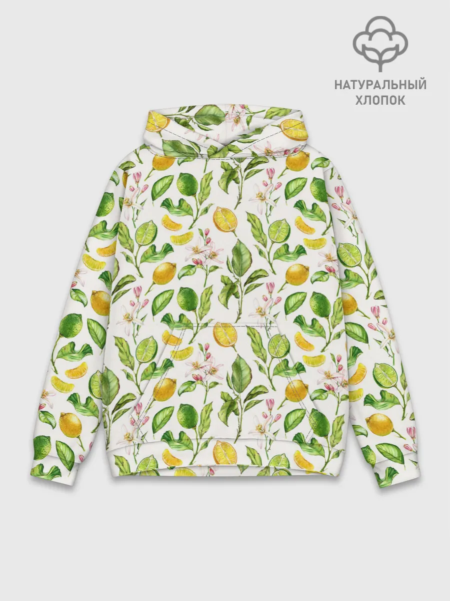 Худи мужской база хлопок / Летний узор лимон ветки листья
