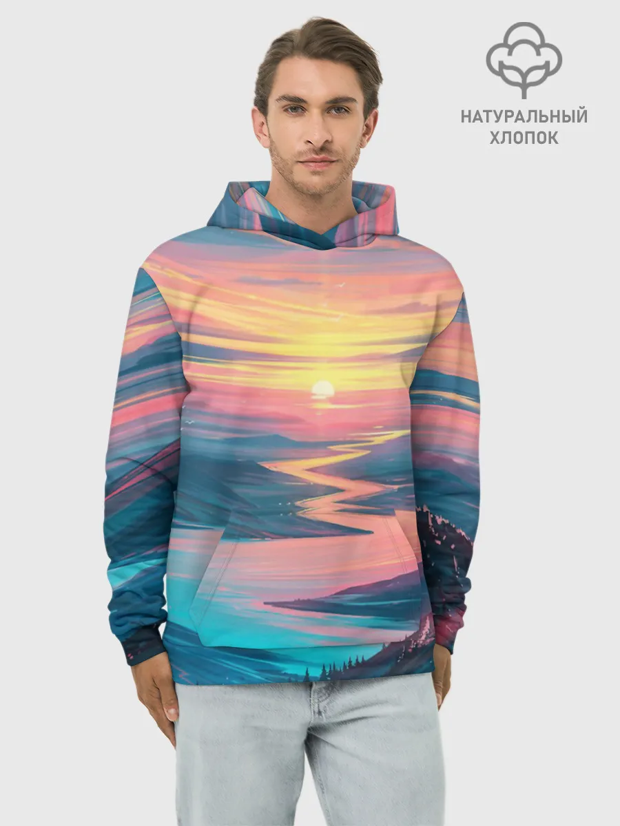 Худи мужской база хлопок / Извилистая река закат природа