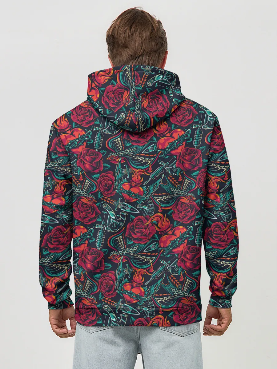 Худи мужской база хлопок / Тату узор розы и машинки