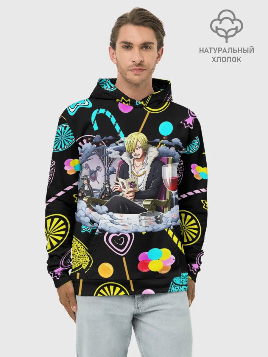 Худи мужской база хлопок / Винсмок Санджи. Фон со сладостями