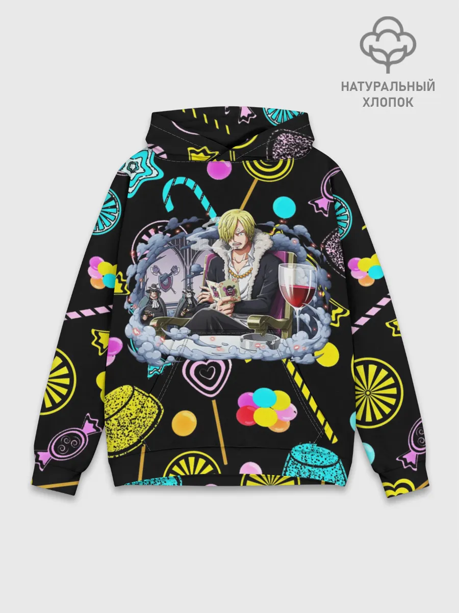 Худи мужской база хлопок / Винсмок Санджи. Фон со сладостями