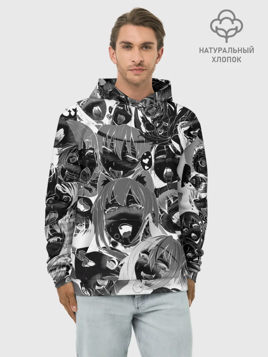 Худи мужской база хлопок / Ахегао паттерн черный