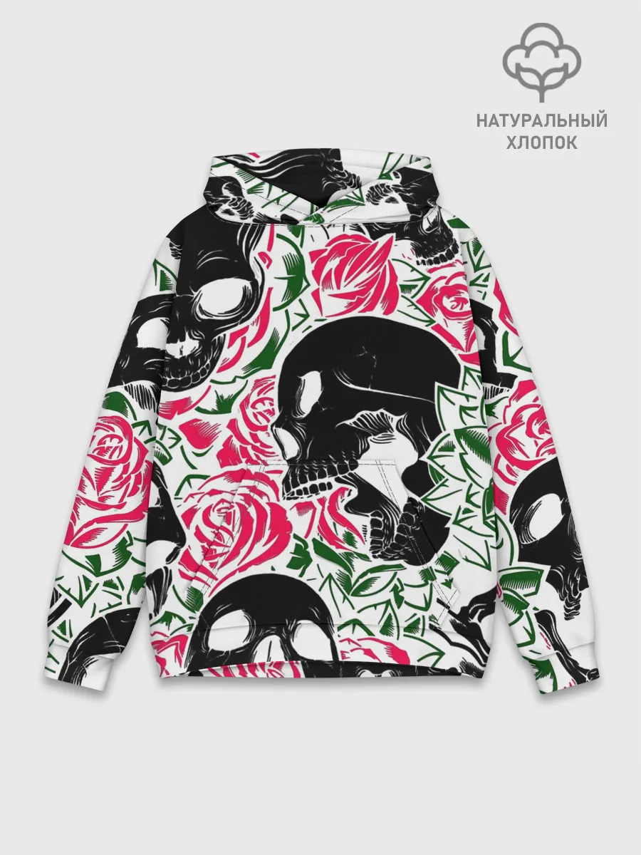 Худи мужской база хлопок / Череп, розы, цветы, зубы