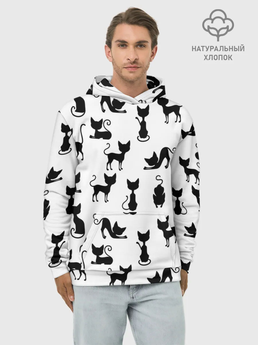 Худи мужской база хлопок / КОШКИ БЕЛОЕ НА ЧЕРНОМ