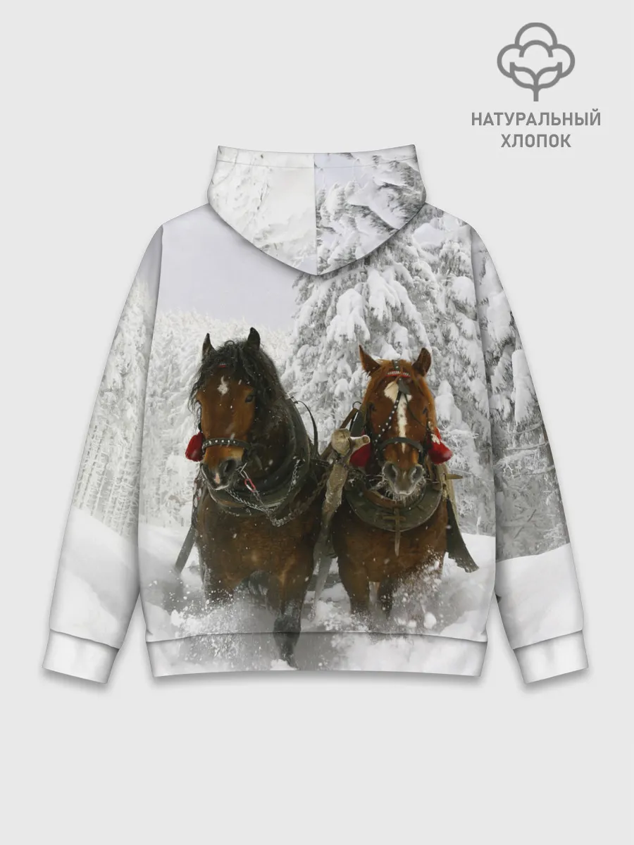 Худи мужской база хлопок / Лошади и снег