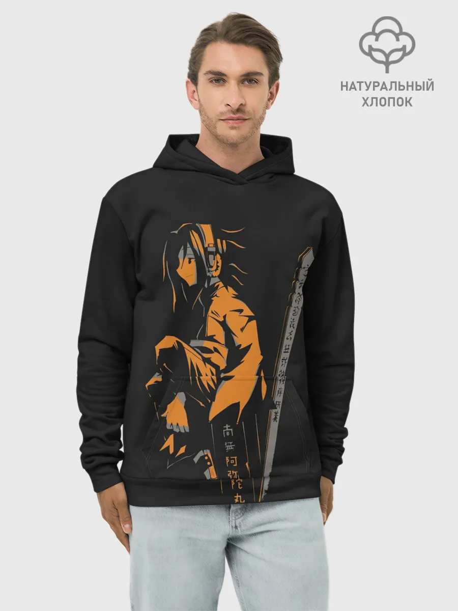 Худи мужской база хлопок / Оранжевая тень Йо Асакуры на черном фоне