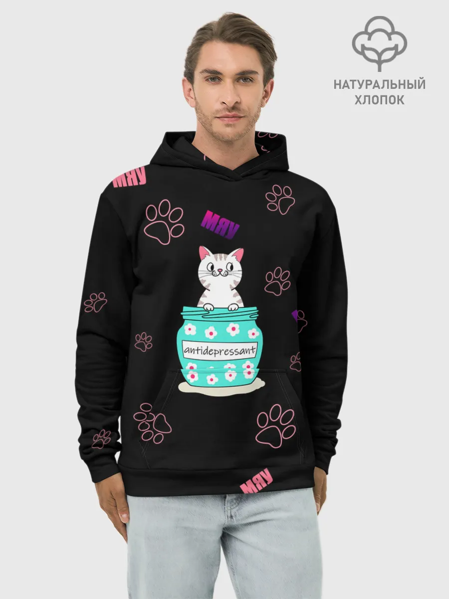 Худи мужской база хлопок / Котик-антидепрессант