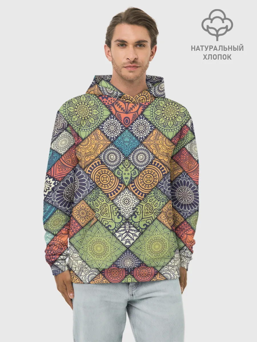 Худи мужской база хлопок / Мандалы лоскутный печворк