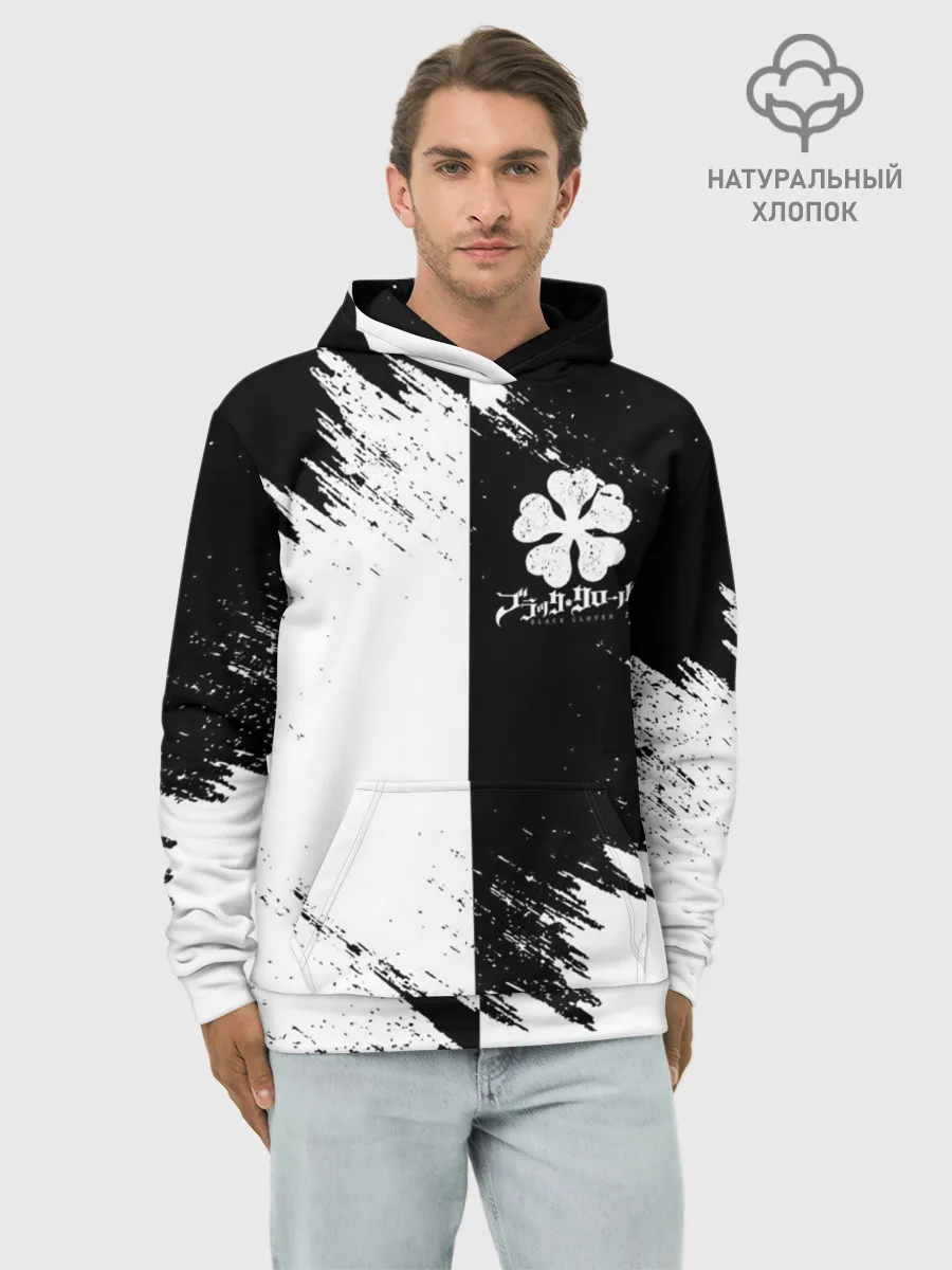 Худи мужской база хлопок / Черный Клевер инверсированный фон