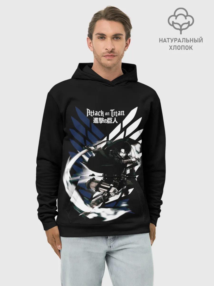 Худи мужской база хлопок / Леви Акерман на фоне герба