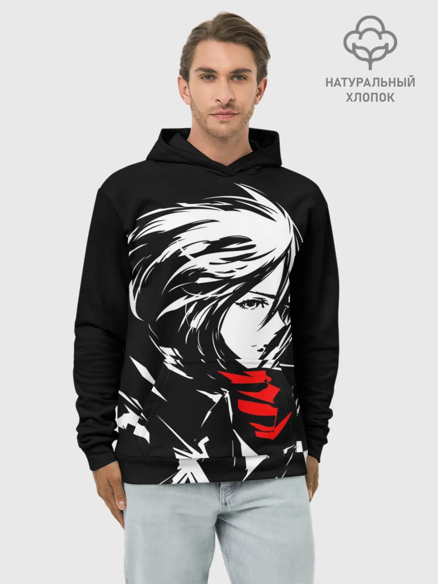 Худи мужской база хлопок / Черно-белая Микаса Аккерман