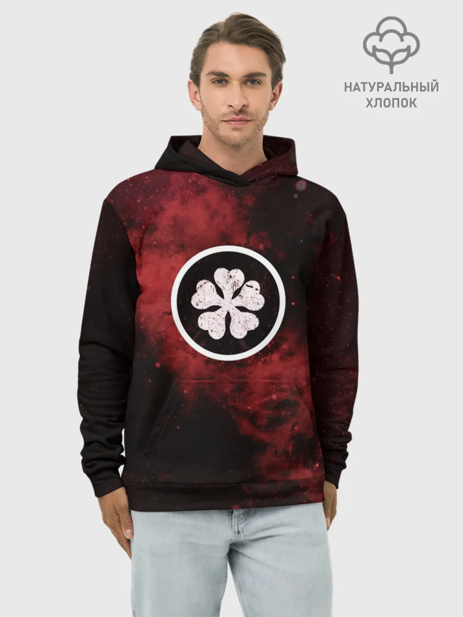 Худи мужской база хлопок / Эмблема Черного клевера на космическом фоне