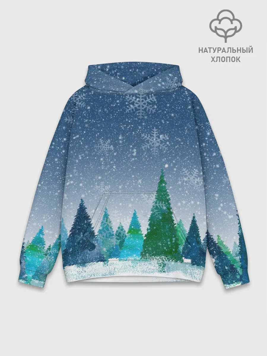 Худи мужской база хлопок / Снежинки в лесу