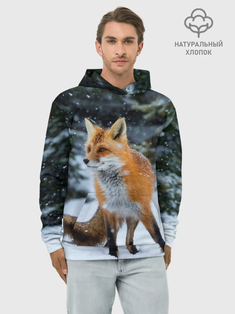 Худи мужской база хлопок / Лиса в зимнем лесу
