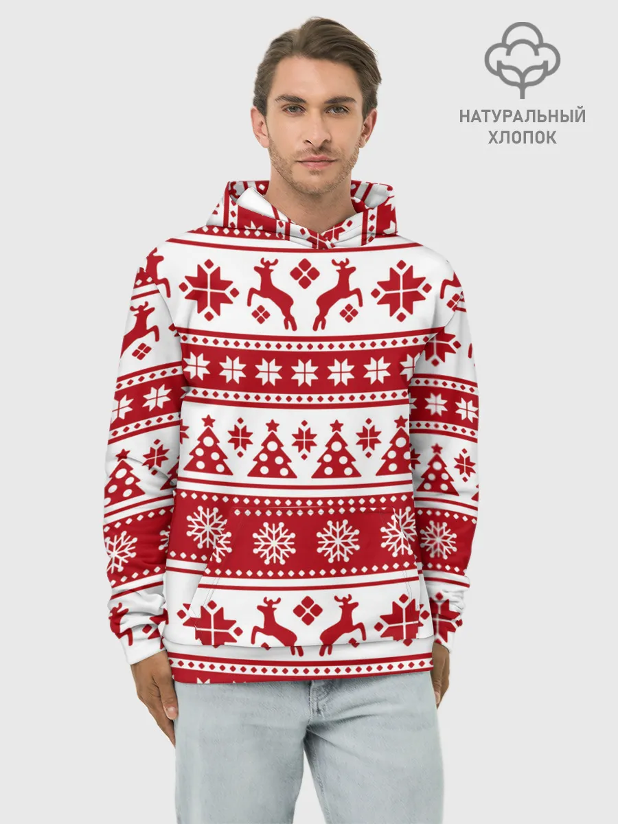 Худи мужской база хлопок / Новый Год | Олени и снежинки