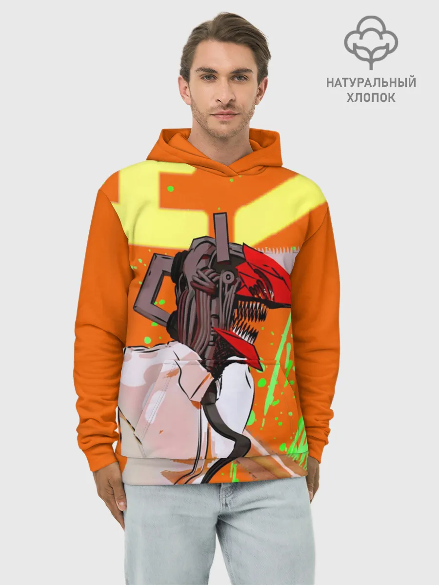 Худи мужской база хлопок / Человек-Бензопила на голубом фоне