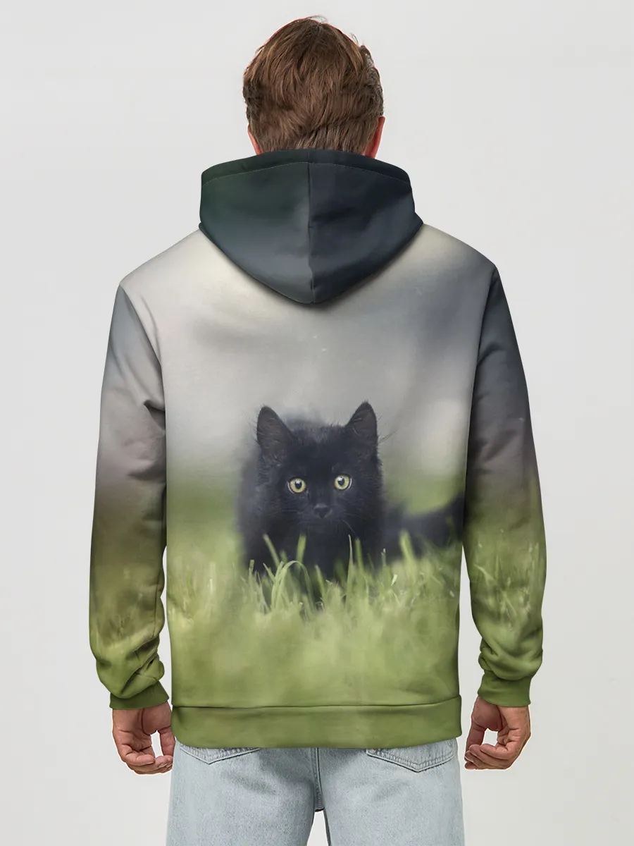 Худи мужской база хлопок / черный кот на лугу