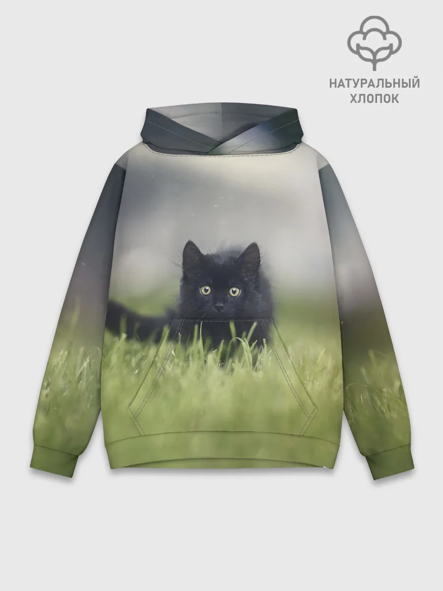 Худи мужской база хлопок / черный кот на лугу