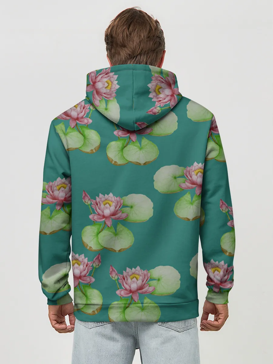 Худи мужской база хлопок / Лотосы на темно бирюзовом фоне