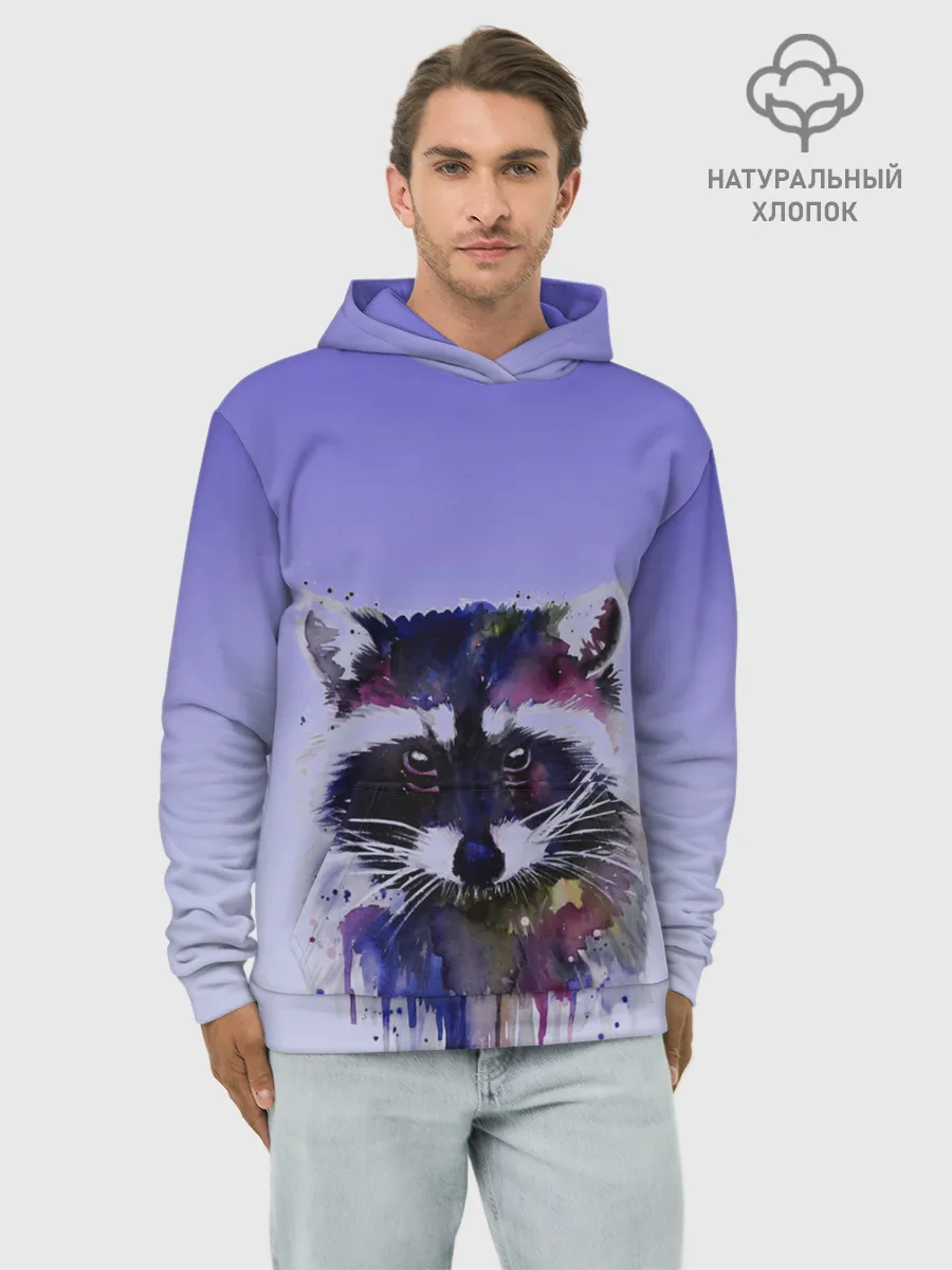 Худи мужской база хлопок / енот акварелью потеки