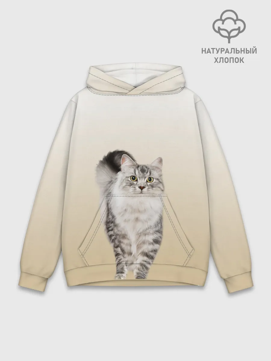 Худи мужской база хлопок / Пушистый котик реалистичный