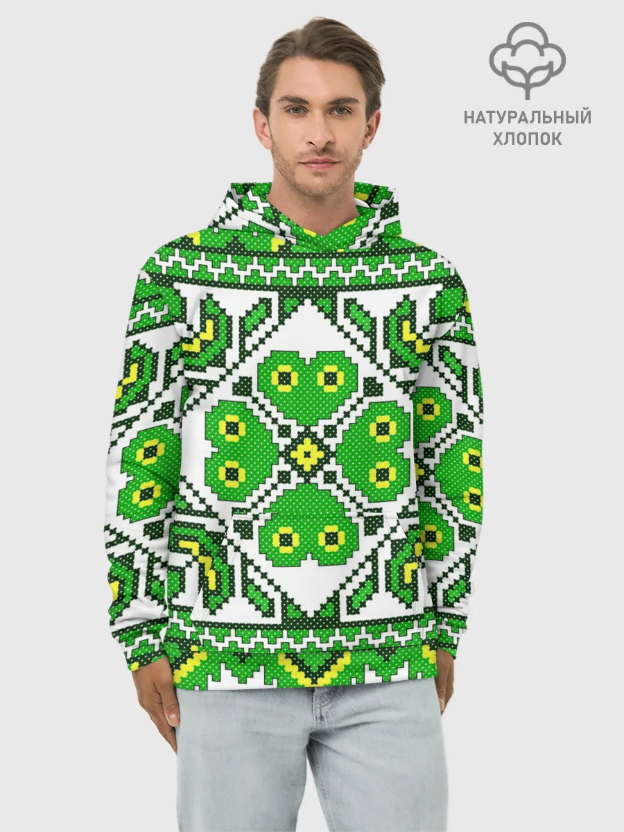 Худи мужской база хлопок / Славянский Узор Зеленый