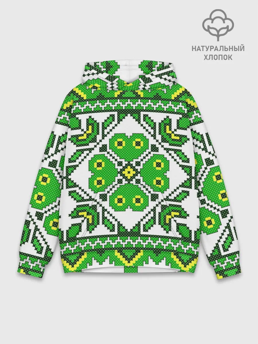 Худи мужской база хлопок / Славянский Узор Зеленый