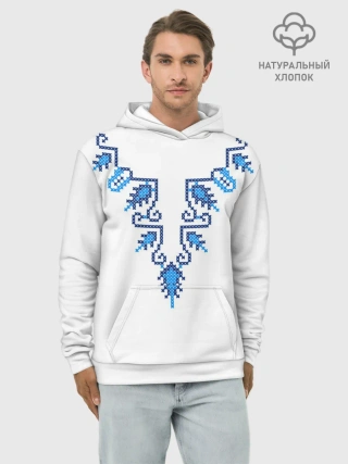 Худи мужской база хлопок / Славянский узор сине-голубой