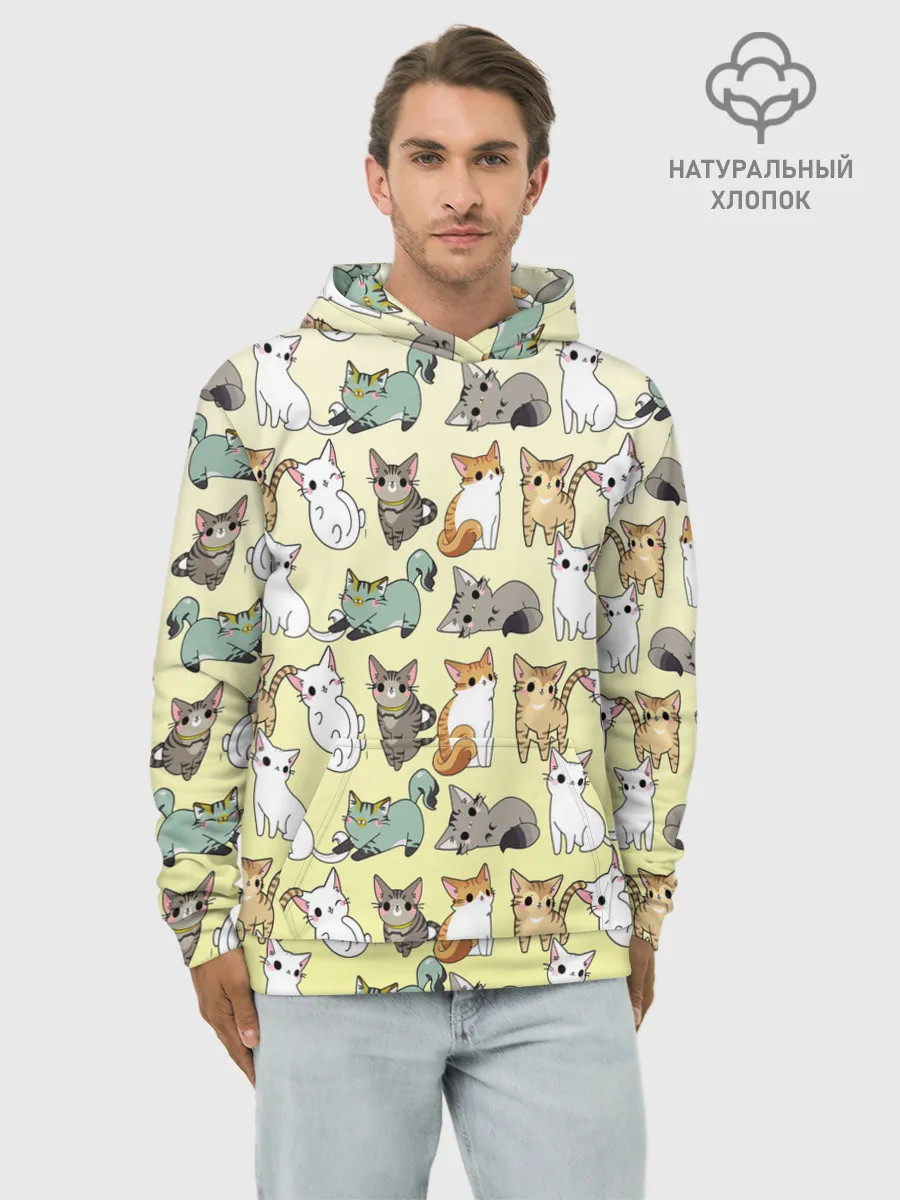 Худи мужской база хлопок / мультяшные котики на желтом мя