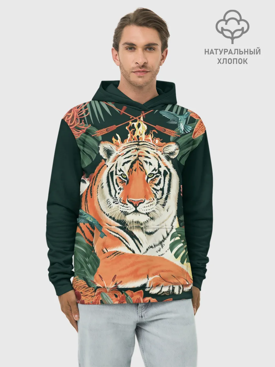 Худи мужской база хлопок / Огненный Тигр в Цветах