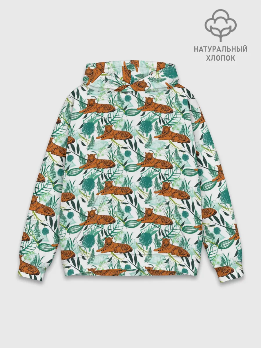 Худи мужской база хлопок / Цветы и Тигр Паттерн