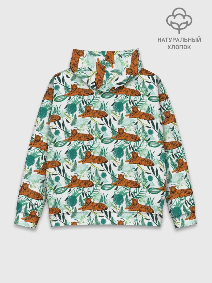 Худи мужской база хлопок / Цветы и Тигр Паттерн