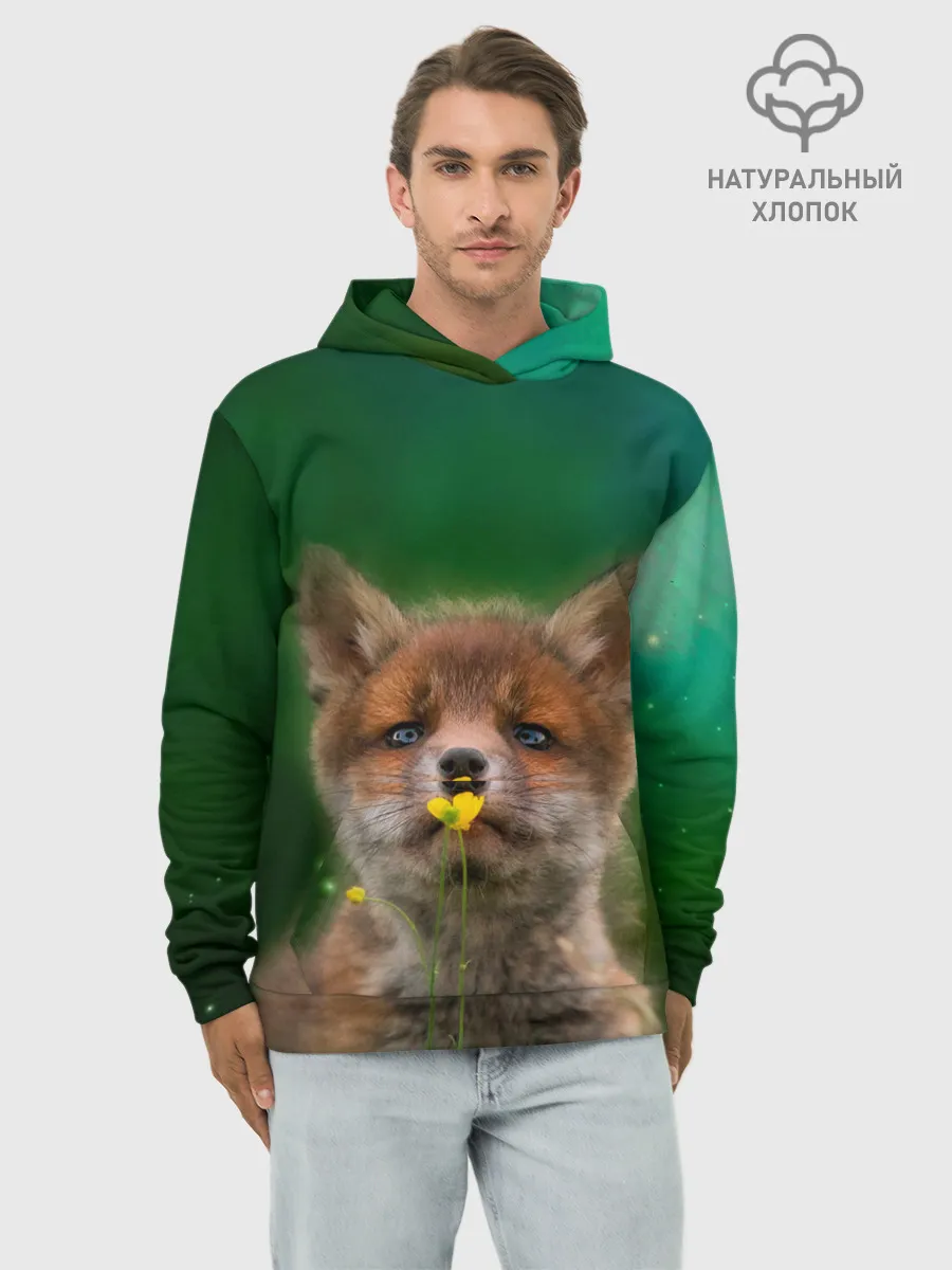 Худи мужской база хлопок / Лисенок нюхает цветок