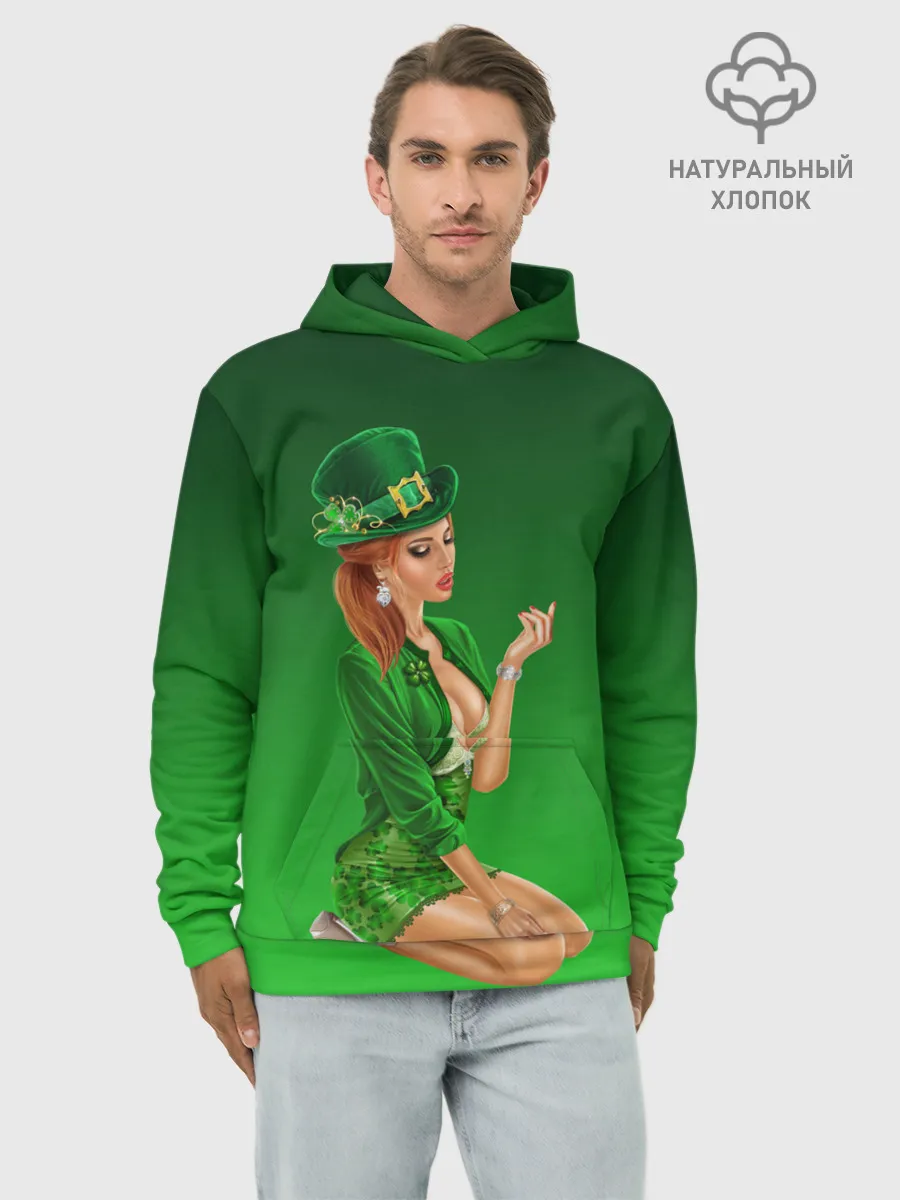 Худи мужской база хлопок / девушка лепрекон в зеленом