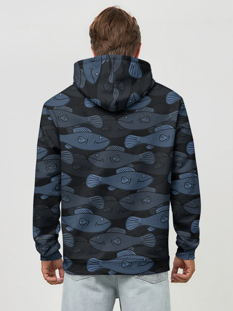 Худи мужской база хлопок / Синие рыбы на темном фоне