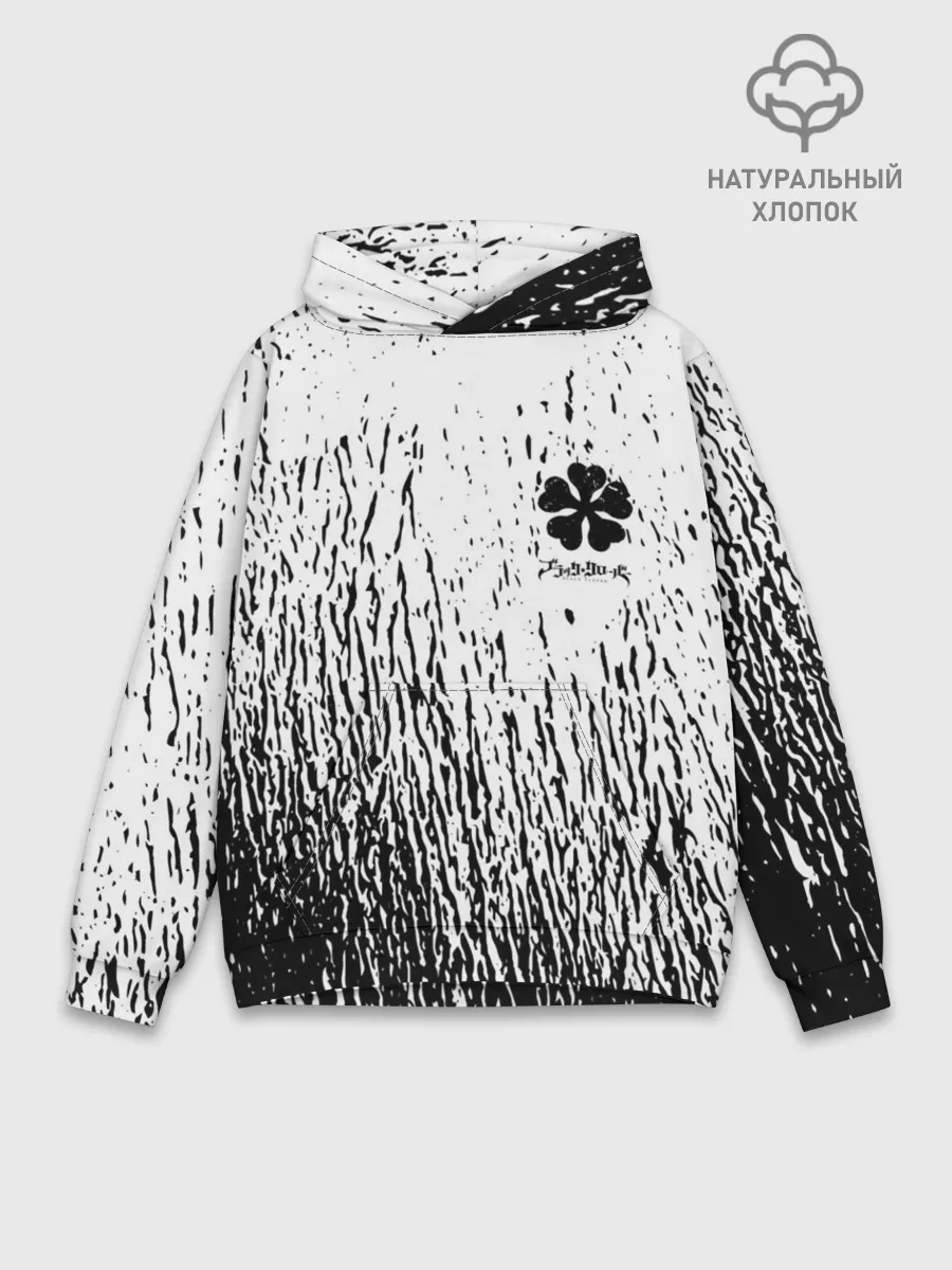 Худи мужской база хлопок / Черный клевер на едко белом фоне