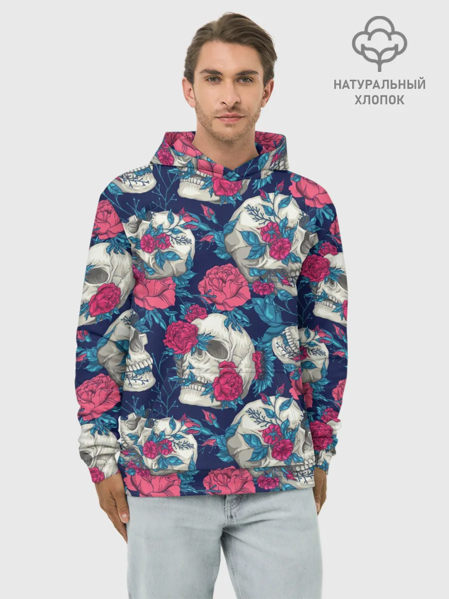 Худи мужской база хлопок / Реалистичные черепа с розами