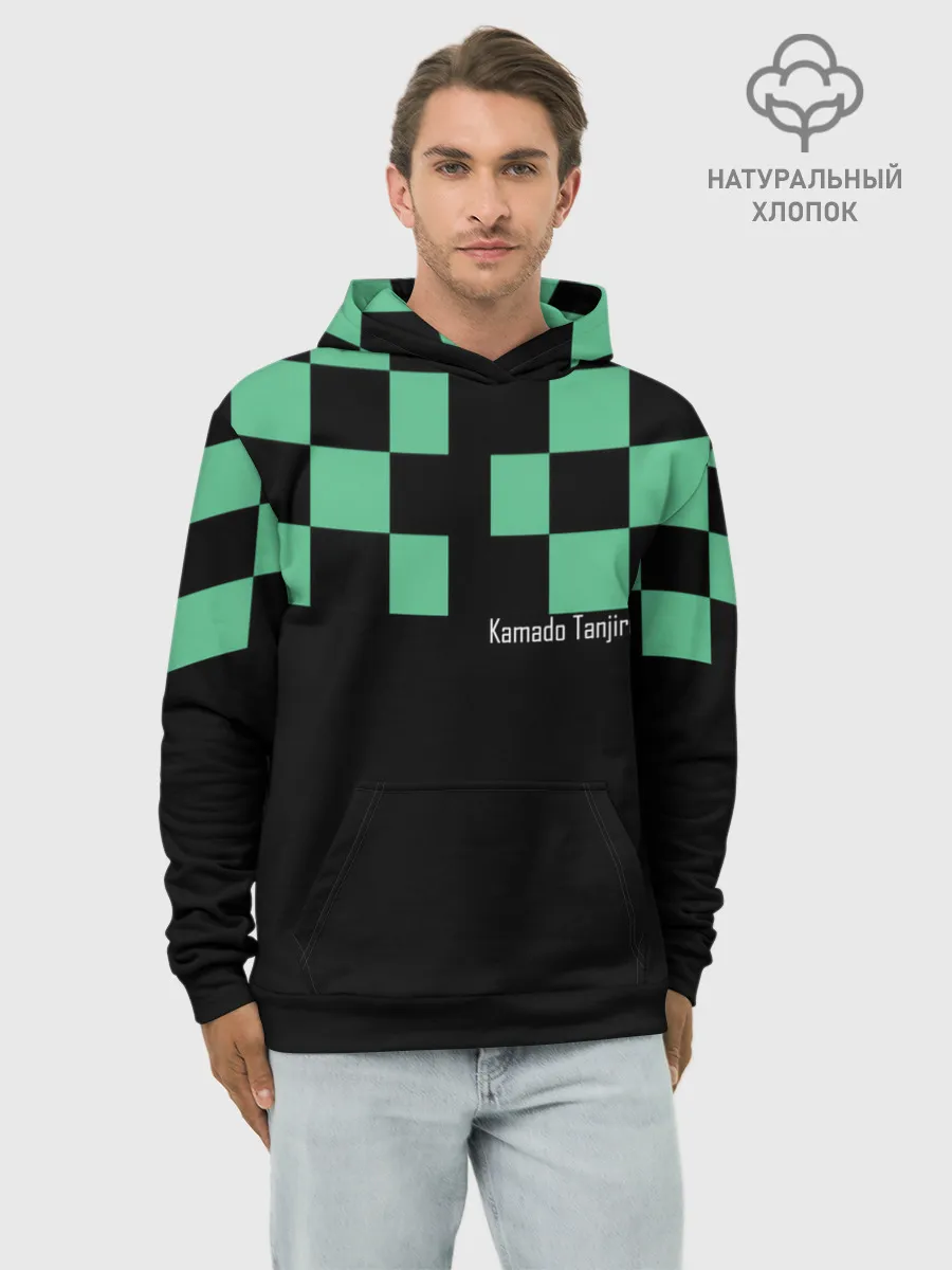 Худи мужской база хлопок / Kamado Tanjiro зеленые квадраты
