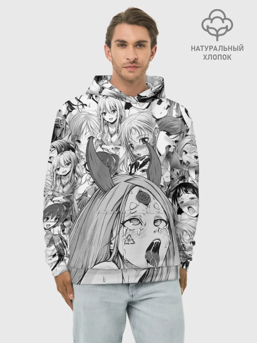 Худи мужской база хлопок / KAGUYA AHEGAO чернобелое / КАГУЯ АХЕГАО