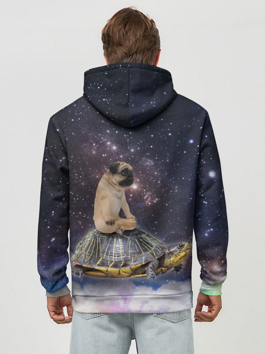 Худи мужской база хлопок / Мопс на черепахе в космосе