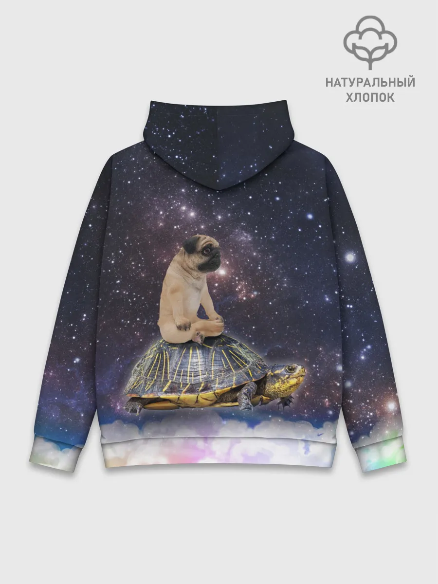 Худи мужской база хлопок / Мопс на черепахе в космосе
